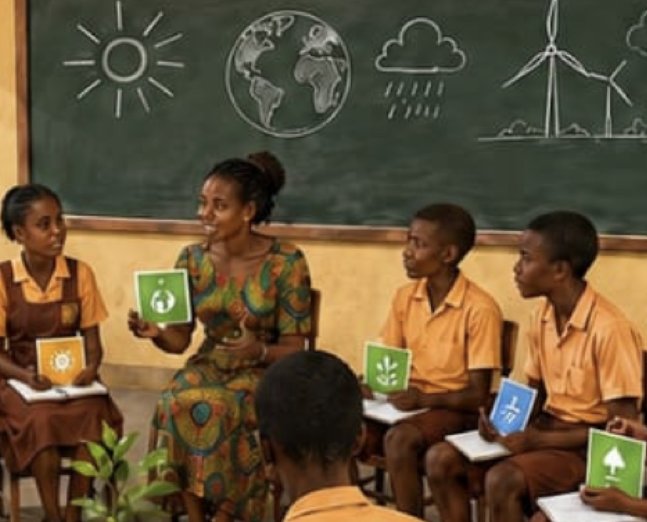 A teacher leading a Climate Champions club session, holding an SDG card while pupils follow along with their own cards and notebooks